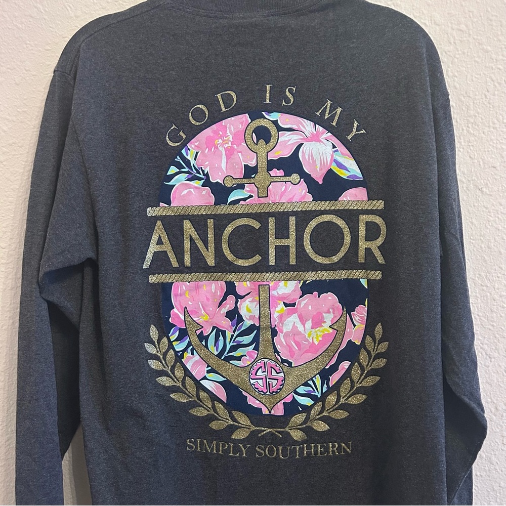 Simply Southern Shirt M Medium Long Sleeve Gray God is my Anchor Graphic Tee